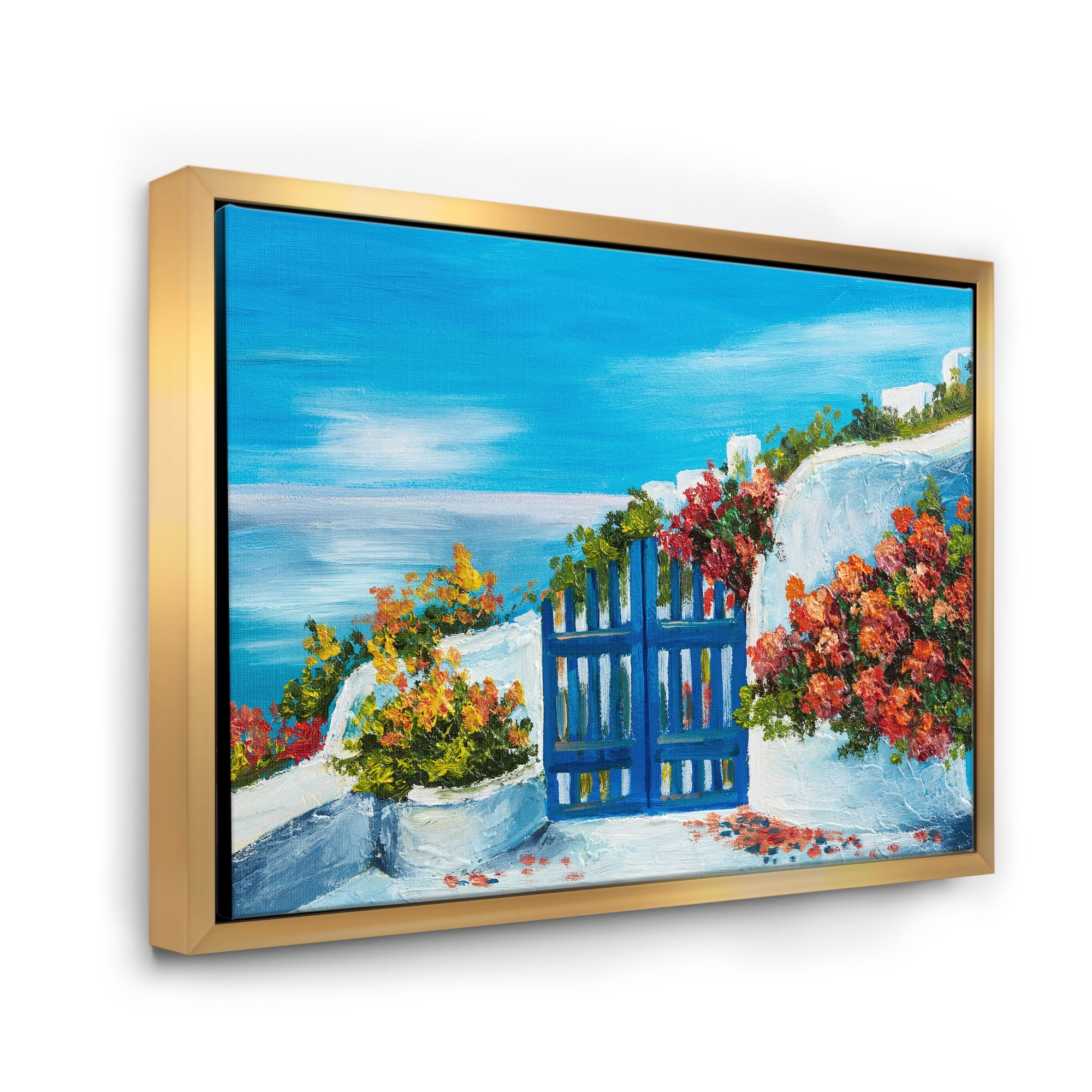 Designart 'House With Colorful Flowers Near The Sea III' Nautical & Coastal Framed Canvas Wall Art Print