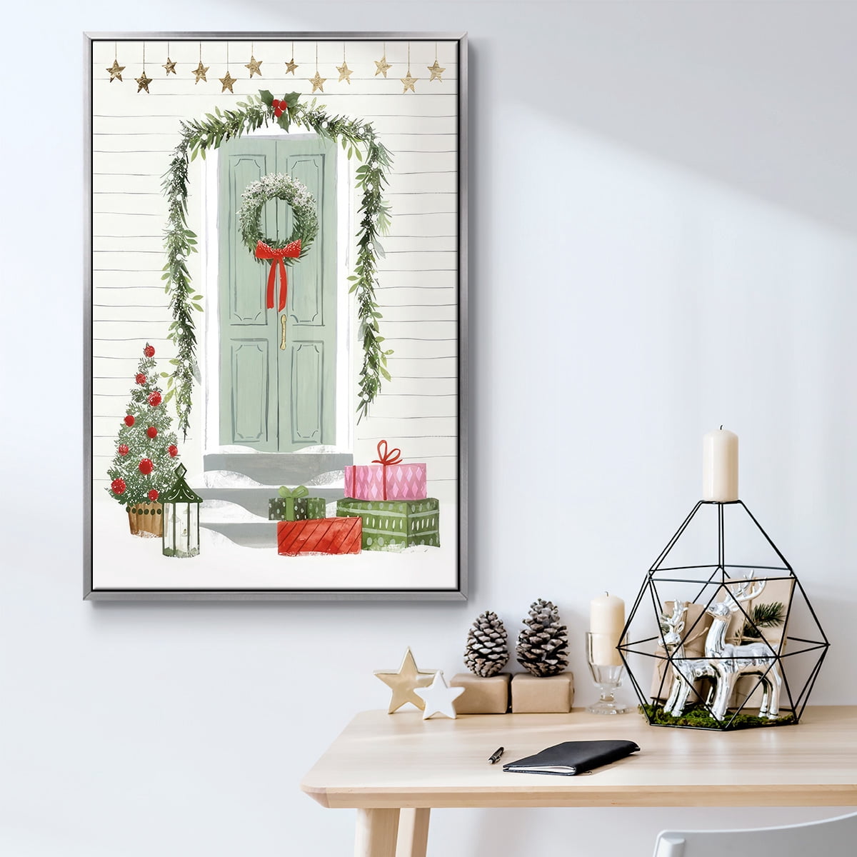 Festive Front Door I - Framed Gallery Wrapped Holiday Canvas - 17 x 25 - Silver Frame