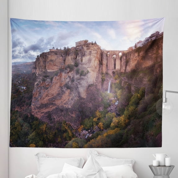 Spanish Tapestry, Morning Scenery of Puento Nuevo Bridge Serene Place Above the Mountains Photo, Fabric Wall Hanging Decor for Bedroom Living Room Dorm, 5 Sizes, Multicolor, by Ambesonne