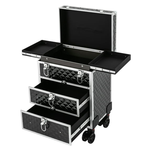 Autrinix Makeup Train Case, 66 lbs Capacity, Elegant Black Design, 4 Locks, Universal Wheels, Large Storage for Makeup and Tools