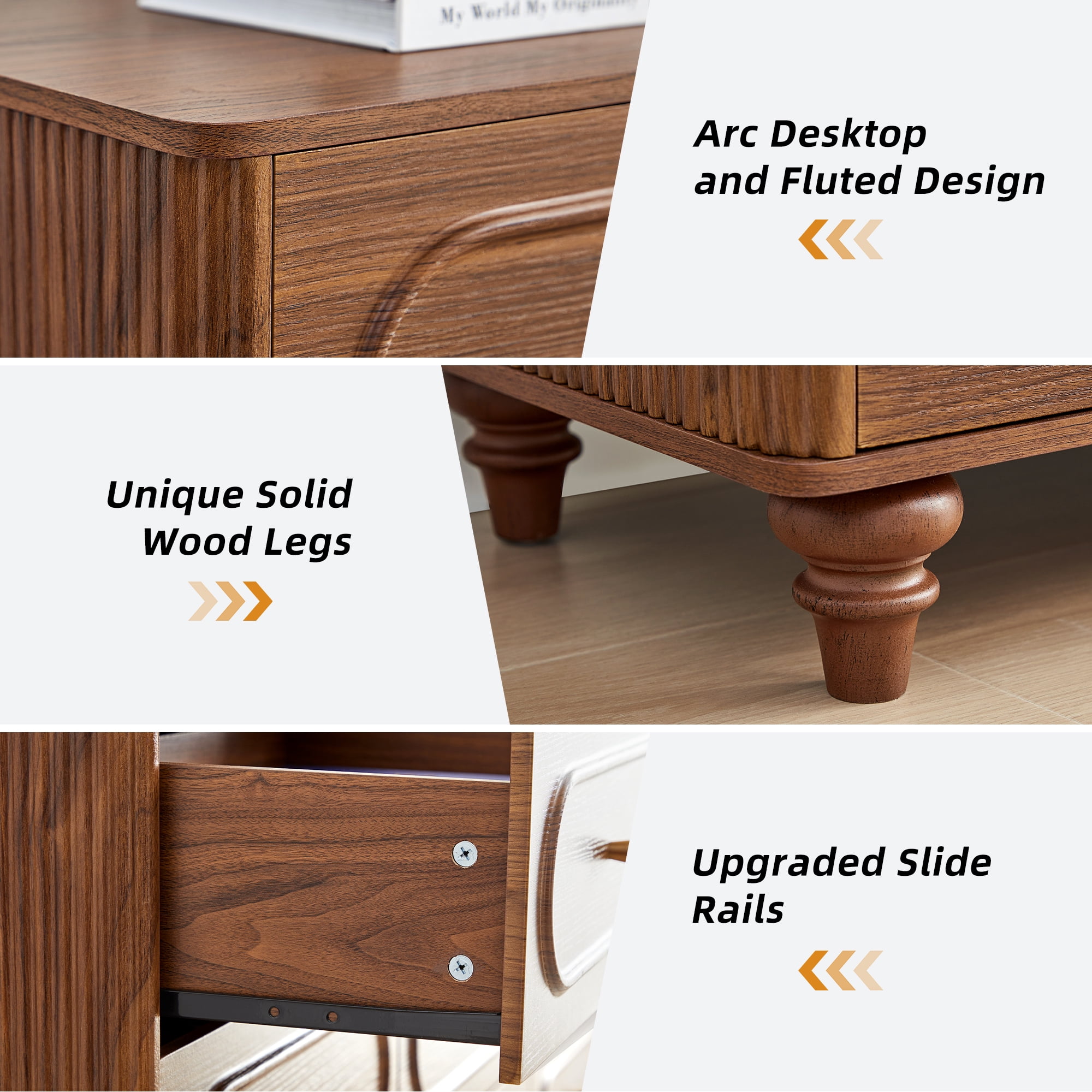 Weselon 9 Drawer Fluted Dresser for Bedroom, Mid Century Chest of Drawers with Arc Edge, Wood Storage Large Dresser Organizer for Bedroom Living Room Hallway Closet, brown