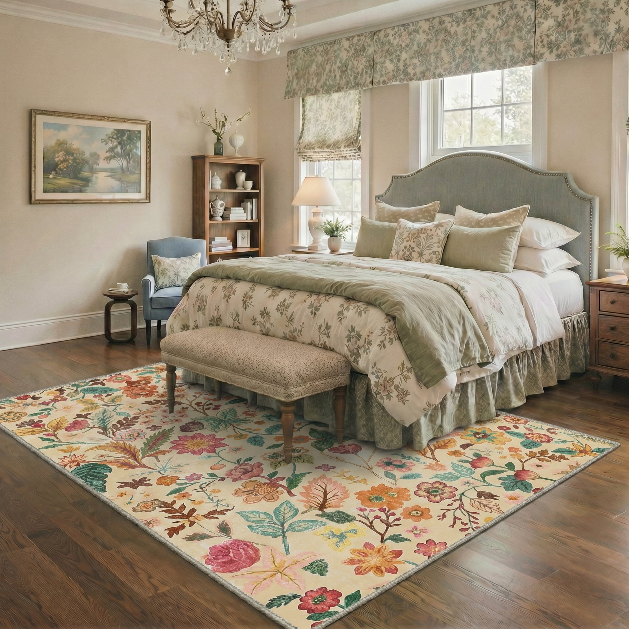 KUETH 8X10 Vintage Floral Area Rugs Machine Washable Rugs for Living Room, Non Slip Flat Pile Rug with Rubber Backing, Boho Rug for Entryway Bedroom Dining Room Home Office