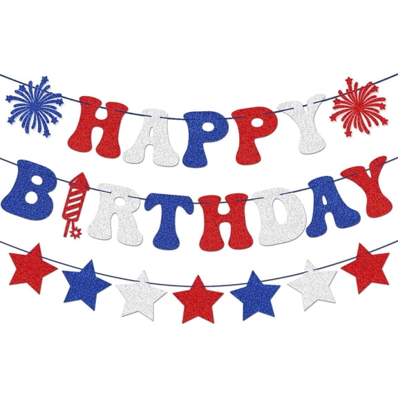 4th of July Happy Birthday Banner - Red, White   Blue Paper Glitter, 4th of July Birthday Decorations, USA Stars Banner, America Independence Day Veterans Day Birthday Party Favors