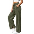 thumbnail image 4 of HomeDM Womens Wide Leg Pants Side Slit Hem High Waisted Sweat Pants Army Green Comfy Joggers with Pockets Size XL, 4 of 9