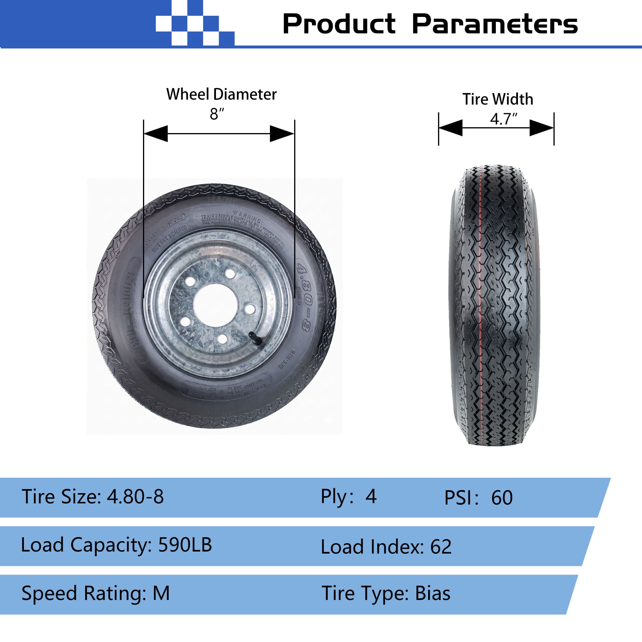 Hi-Run 2 Set SU01 4.80-8 4PR Boat Trailer Tire with 5-Lug Galvanized Wheel Assembly