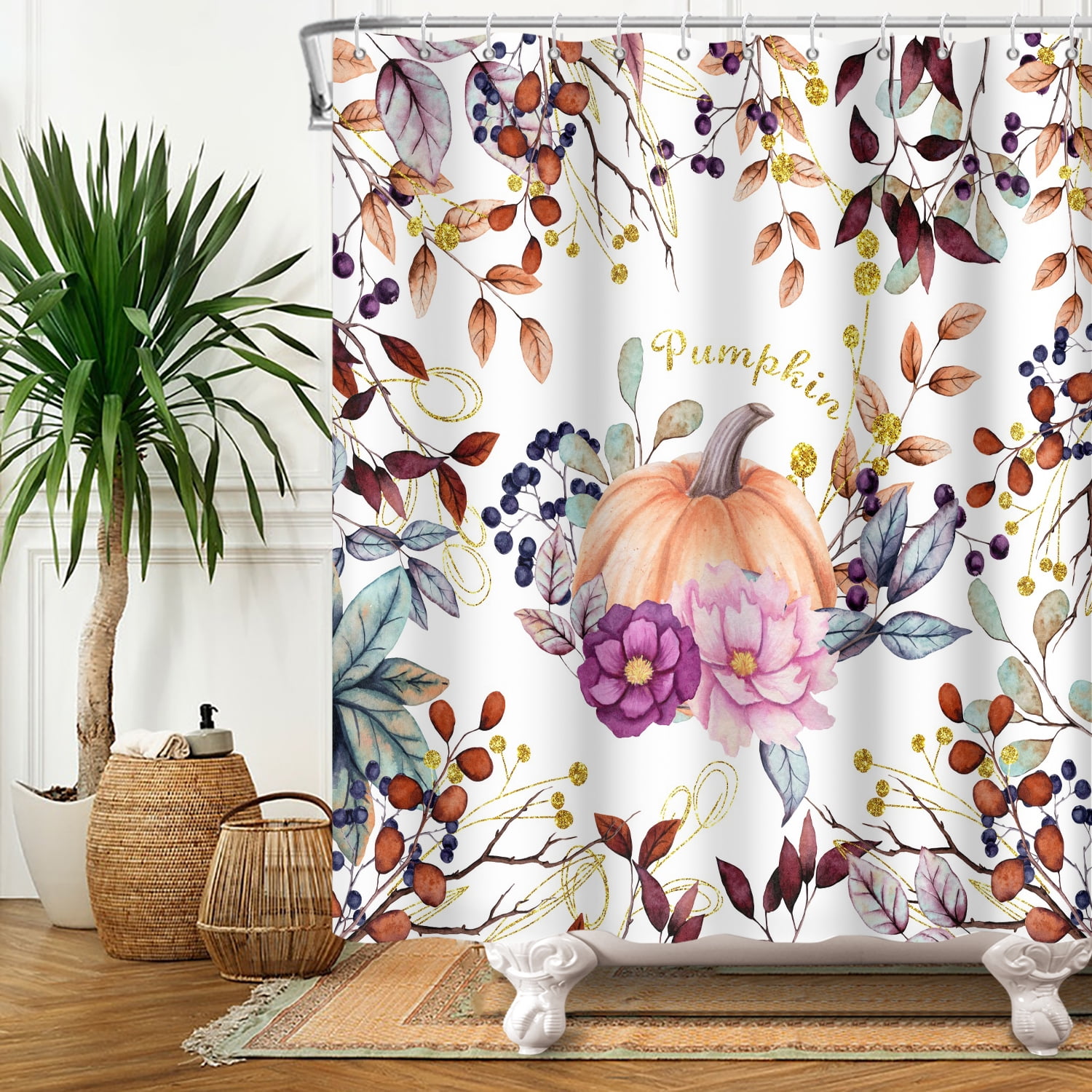 SUNOLIFE Fall Pumpkins Shower Curtain Brown Plants Leaves Waterproof Fabric Bathroom Curtain 72x78 in