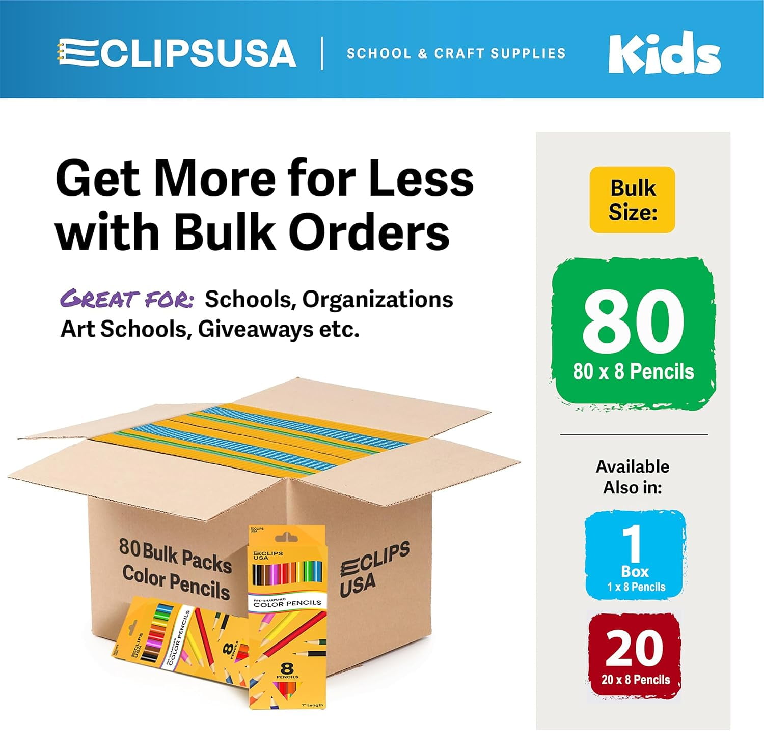E-Clips USA Pre-Sharpened Colored Pencils, Bulk Color Pencil Set, 8-pc 80-pack