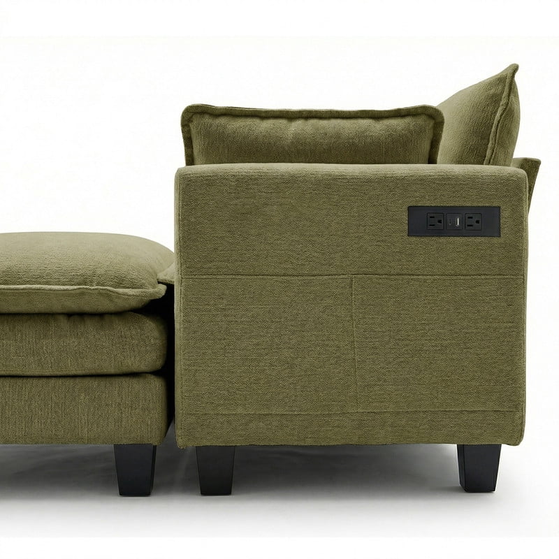 Howcool 110"W Modern Chenille Sectional Sofa with Ottoman,L-Shaped Modular Sofa Couch with USB Ports for Living Room,Green