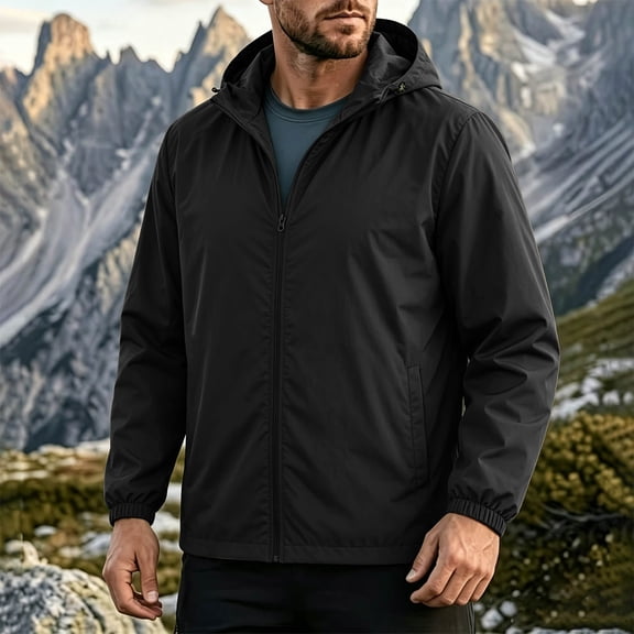 LEKWK Hooded Rain Jackets for Men Windbreaker Waterproof Lightweight Rain Jacket Full Zip Activewear with Side Pockets for Hiking Running Travel Camping Black M