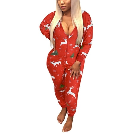 

Huakaishijie Women Hooded Zipper Pajamas Christmas Long Sleep Romper Pajama Bodysuit Jumpsuit S-2XL