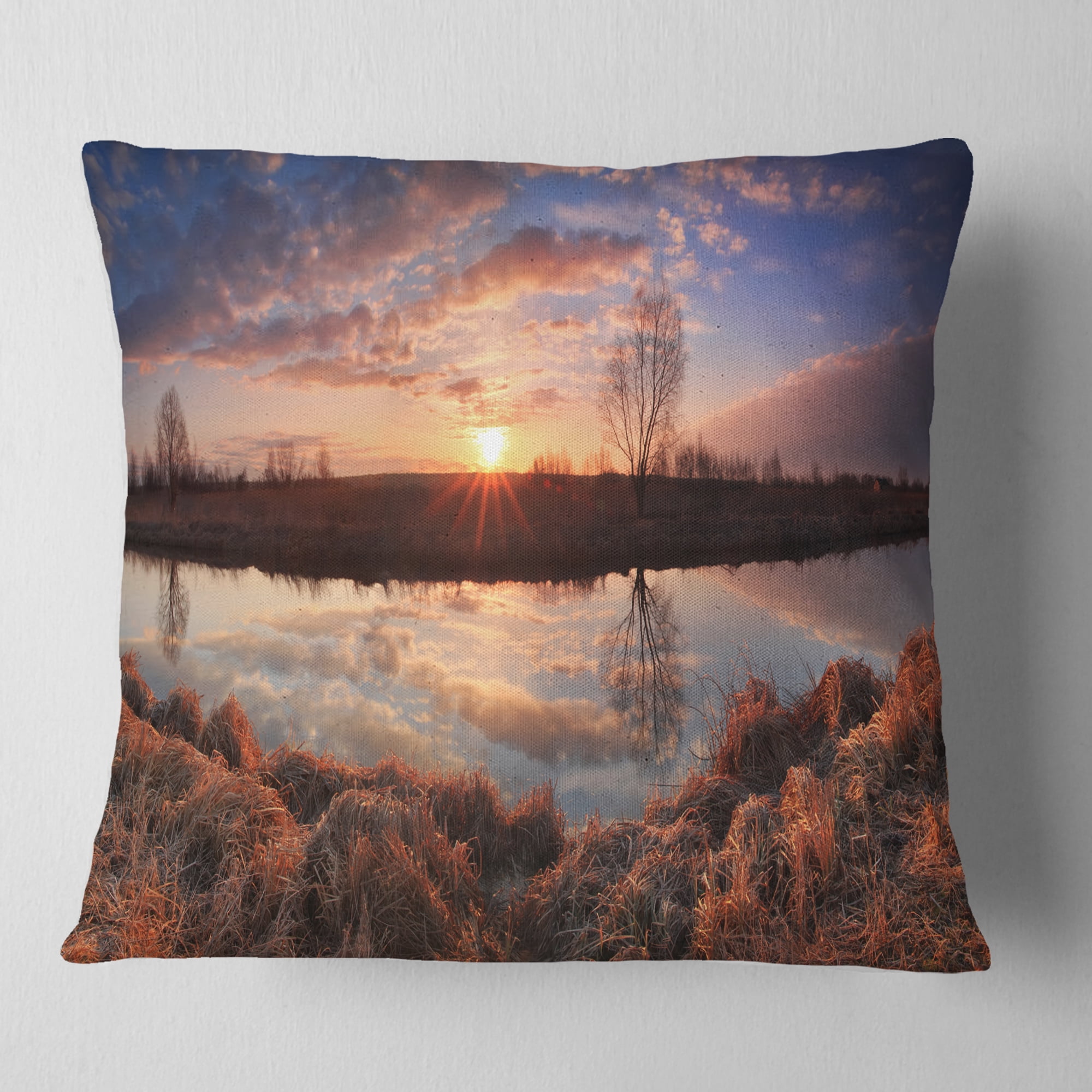 Designart Sunrise Above Spring River - Landscape Photo Throw Pillow - 16x16