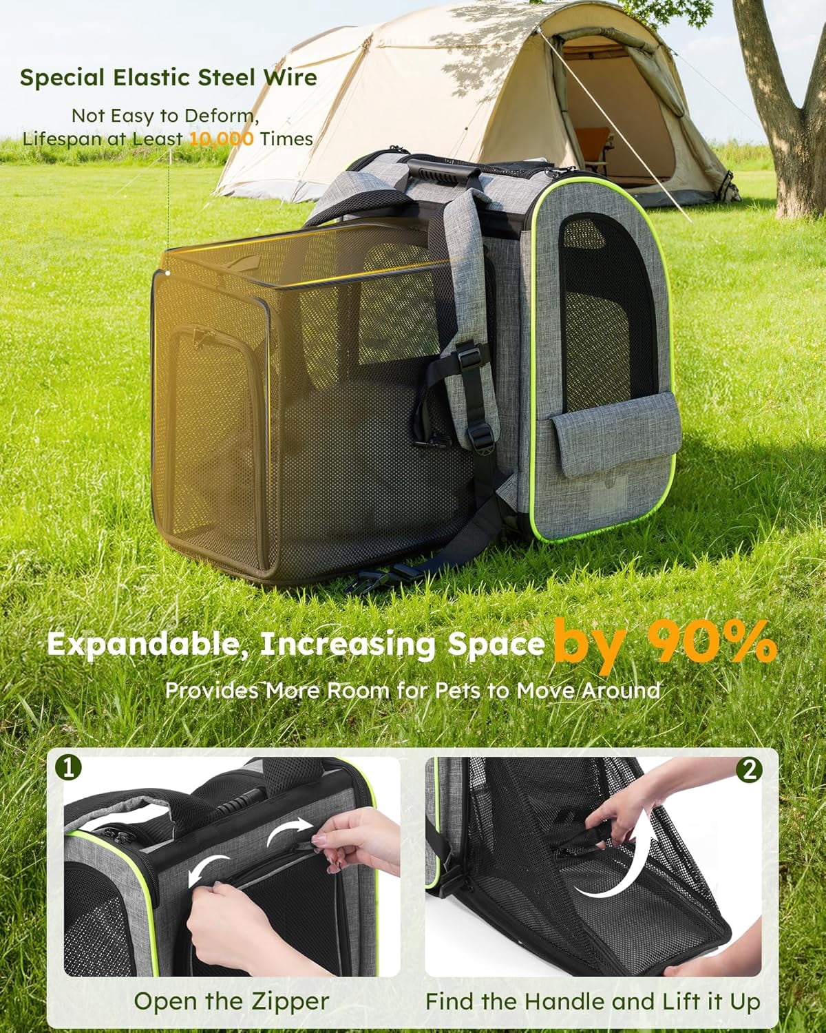 Cat Backpack Carrier XL, Expandable Pet Backpack for Cats & Small Dogs Up to 15lbs, with 4-Side Breathable Mesh, Multi-Entry & Lockable Zippers for Travel, Hiking, Camping - Hands Free, Gray
