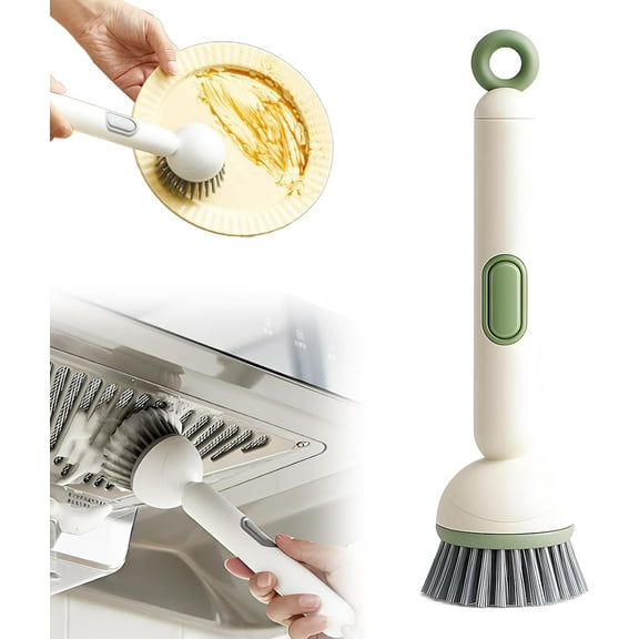 Adjustable cleaning brush with liquid dispenser, dish brush with soap dispenser, ergonomic dish brush, durable sink brush, dish cleaning brush for dishes, pots, and pans.