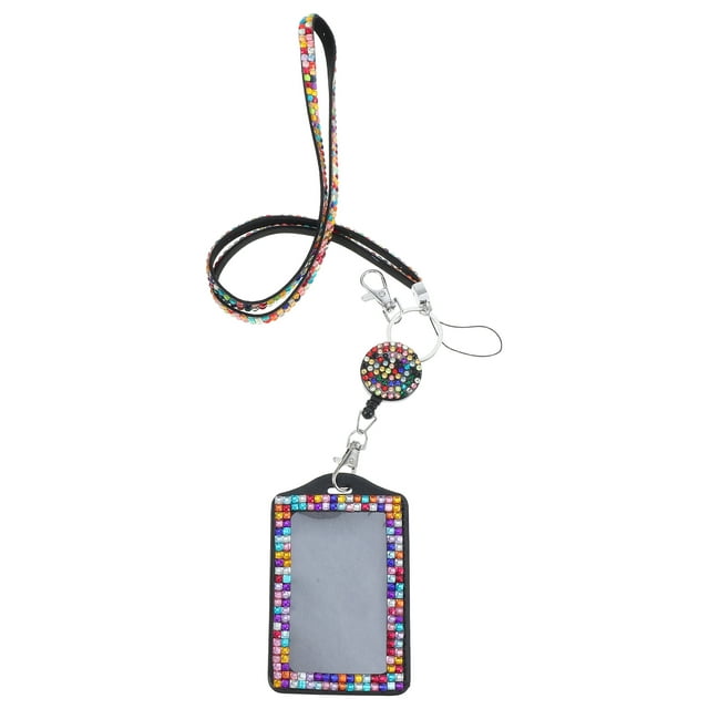 Cordón con porta credencial: Cordón con brillantes de imitación para credencial con carrete retráctil para mujeres, maestras, enfermeras y estudiantes.