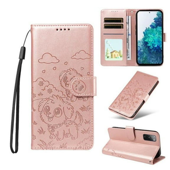 For Samsung Galaxy S20 FE 5G Litter Dog Embossing Leather Phone Case with RFID Blocking Card Slot Wallet Magnetic Clasp Lanyard Flip Stand Case,Pink,For Galaxy S20 FE 5G
