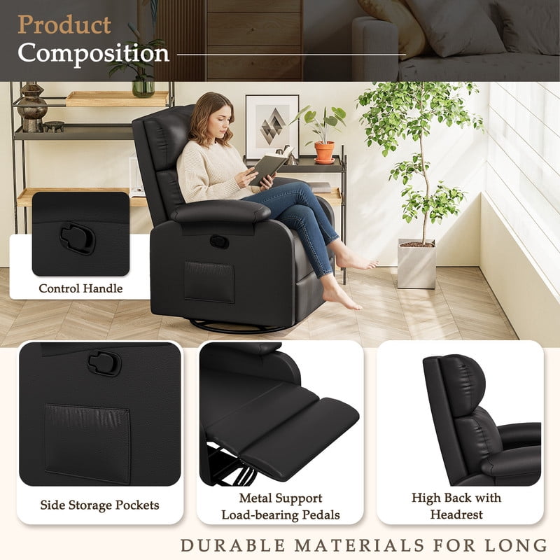 Homall 360° Massage Swivel Rocker Recliner Small Rocking PU Leather Chairs with Side Pockets for Small Spaces,Black