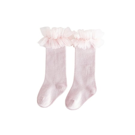 

AMILIEe Children Solid Color Tube Girls Anti-slip Warm Calf Sock with Mesh Ruffles
