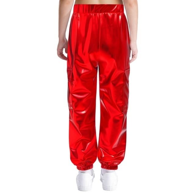 Sholeno Pantalons Cargo Métalliques Brillants pour Filles et Garçons, Pantalons Multi-Poches pour Enfants, Joggeurs de Danse Hip-Hop Jazz Holographiques Rouges 16