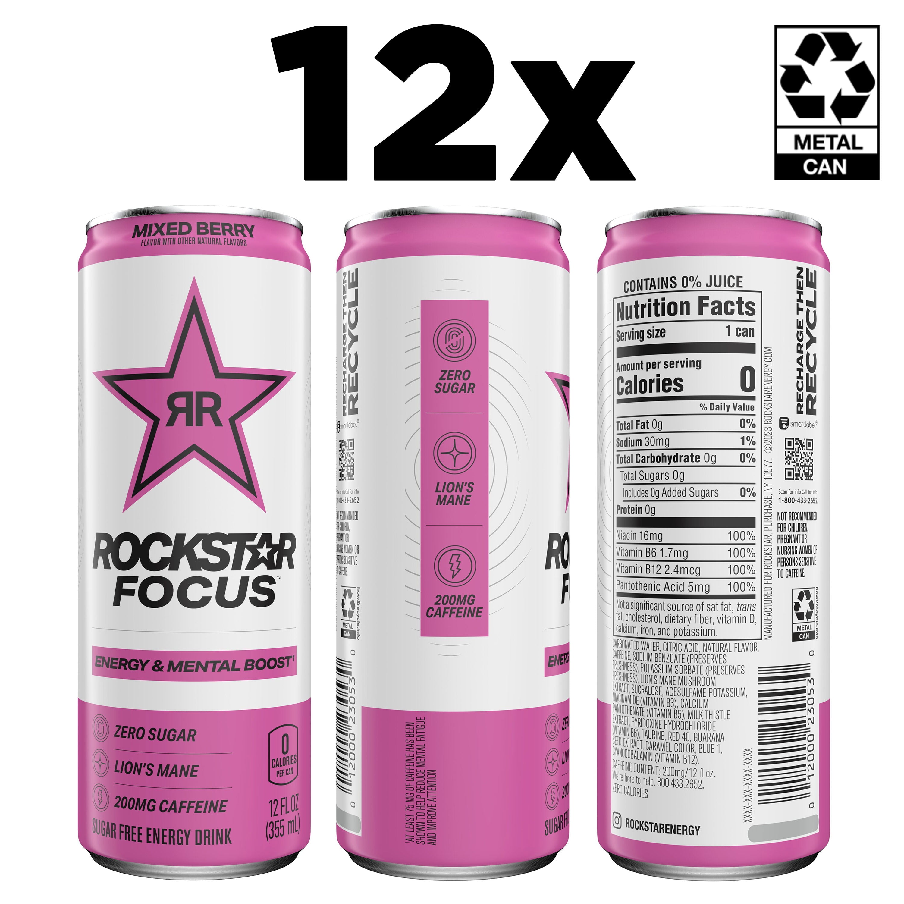 Rockstar Focus Zero Sugar Energy Drink, Mixed Berry Flavor, Lion’s Mane, Energy & Mental Boost, 12 oz 12 Pack Cans
