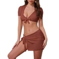 thumbnail image 1 of Conjuntos de bikini de tirantes con nudo para mujer INSPIRE CHIC de 4 piezas, conjunto de cubierta de manga corta, parte inferior triangular, trajes de baño, rojo grande marrón, 1 of 5