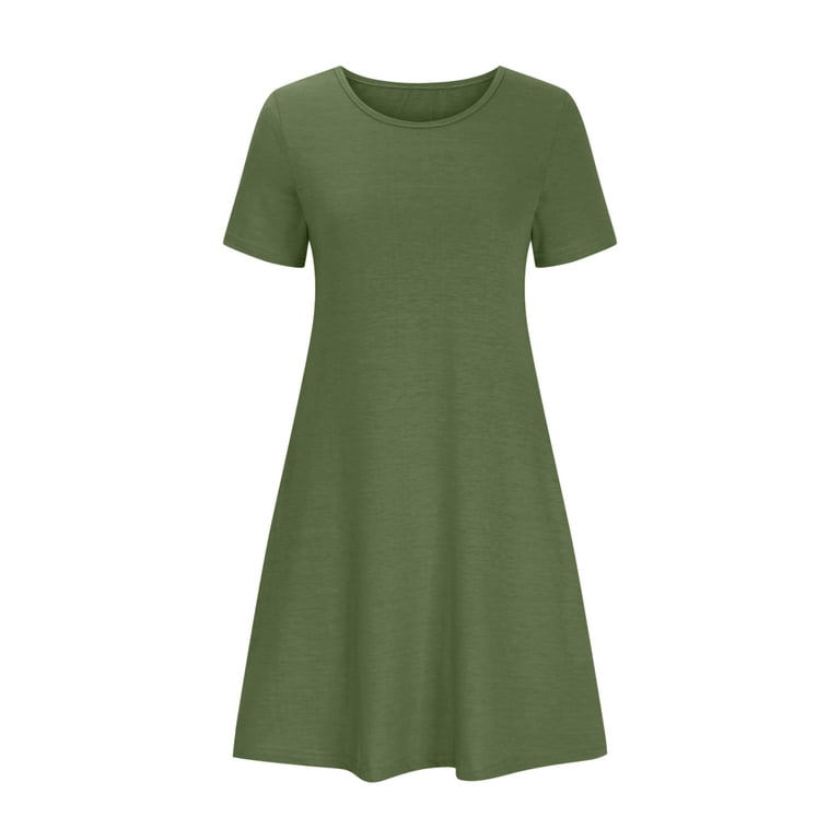 Wyobmus Summer Midi Dresses for Women Sundresses Crew Neck Short Sleeve  Long Dress Casual Loose Solid Summer Sun Dress Olive Green - Walmart.com