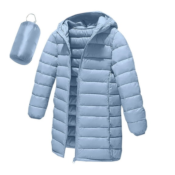 Kids Lightweight Puffer Jacket Packable Boys Girls Hooded Mid Length Full-zip Down Coat Winter Outerwear 4-12Y (10 Years, Sky Blue)