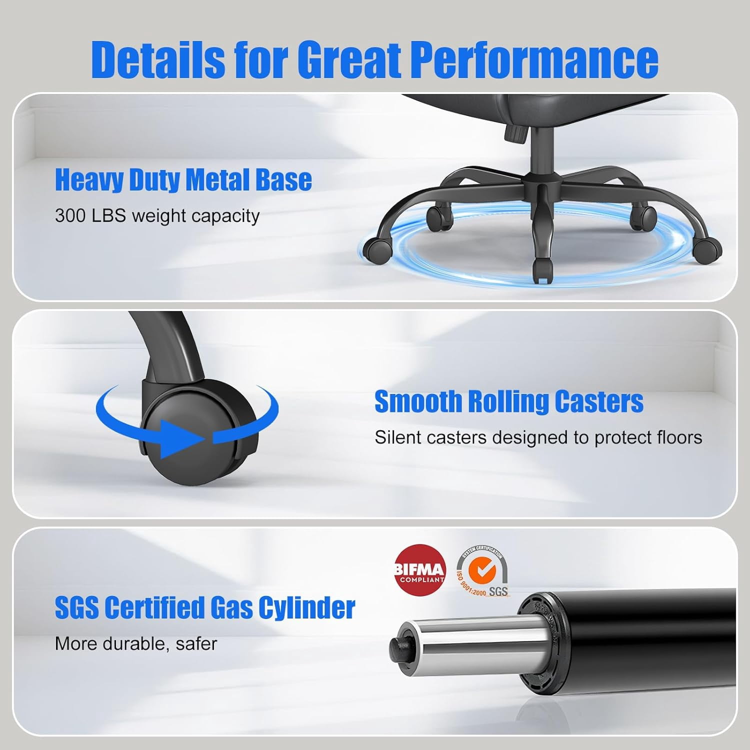 Ergonomic Mid-Back Gaming & Office Chair with Adjustable Height – PU Leather, Black with Blue Accents, Lumbar Support, Rolling Swivel Base for Home Office & Gaming