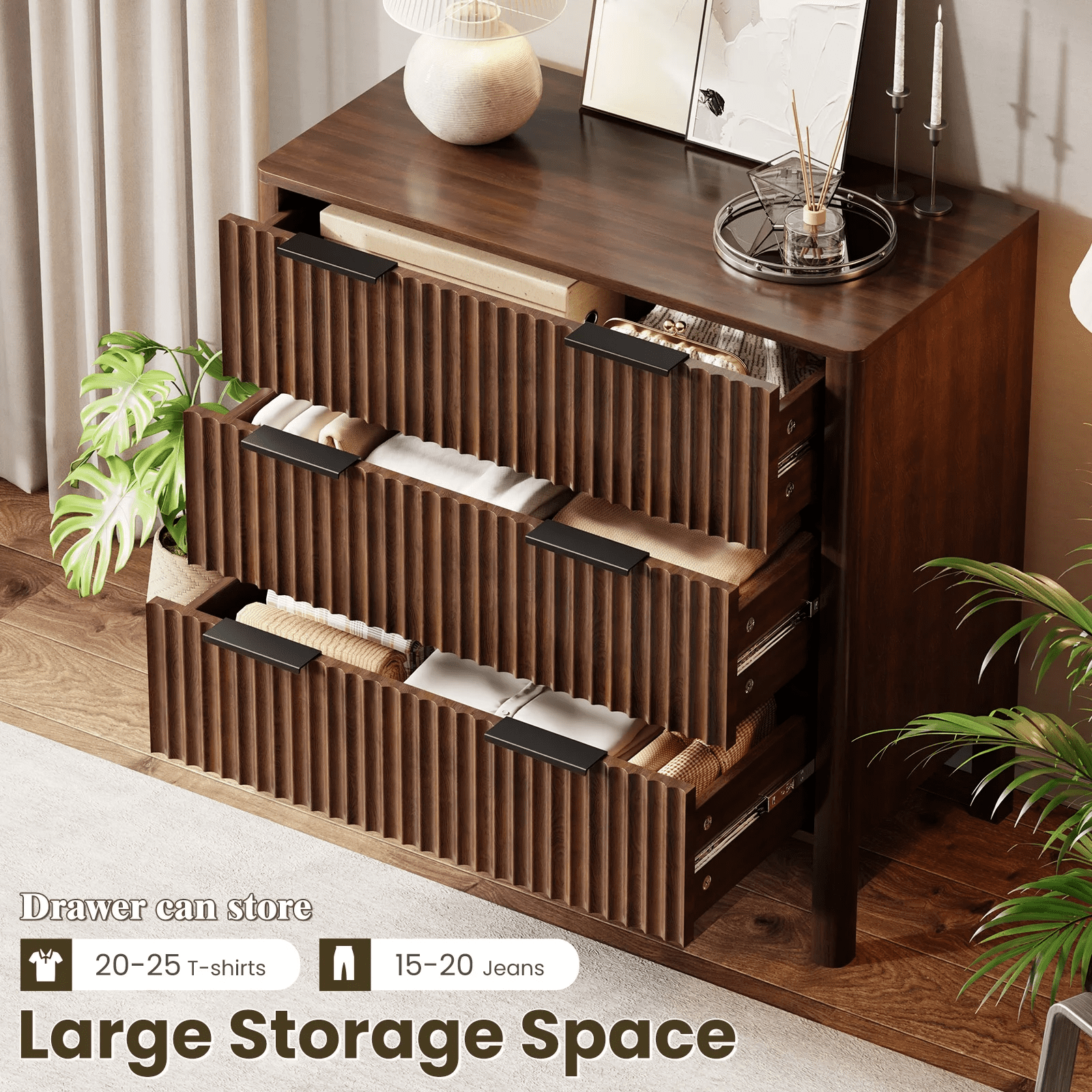 Fluted 3 Drawer Dresser for Bedroom 31.5" Wide Wooden Dresser TV Stand Modern Storage Organizer for Living Room, Hallway, Walnut