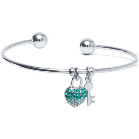 Heart Charm Cuff 18kt White Gold over Brass & Swarovski Elements Blue & White Heart Lock and Key Charm Cuff ()