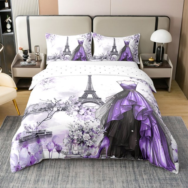 Erosebridal Robe de Mode Housse de Couette 100 % Coton Pleine Grandeur, Literie Violette Pleine Grandeur, Décor Floral Aquarelle, Réversible (Sans Couette)