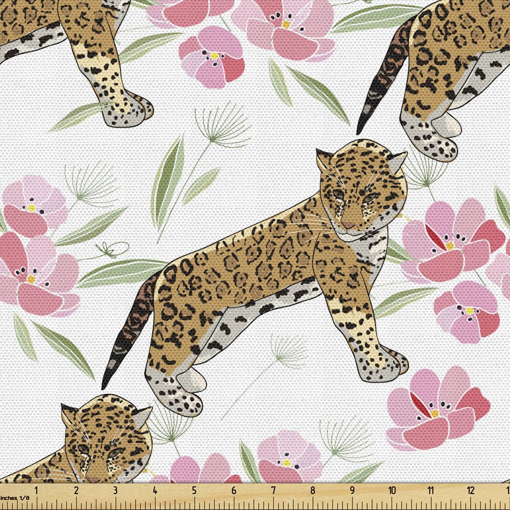 Jaguar Fabric by the Yard Upholstery Retro Flowers and Jaguars