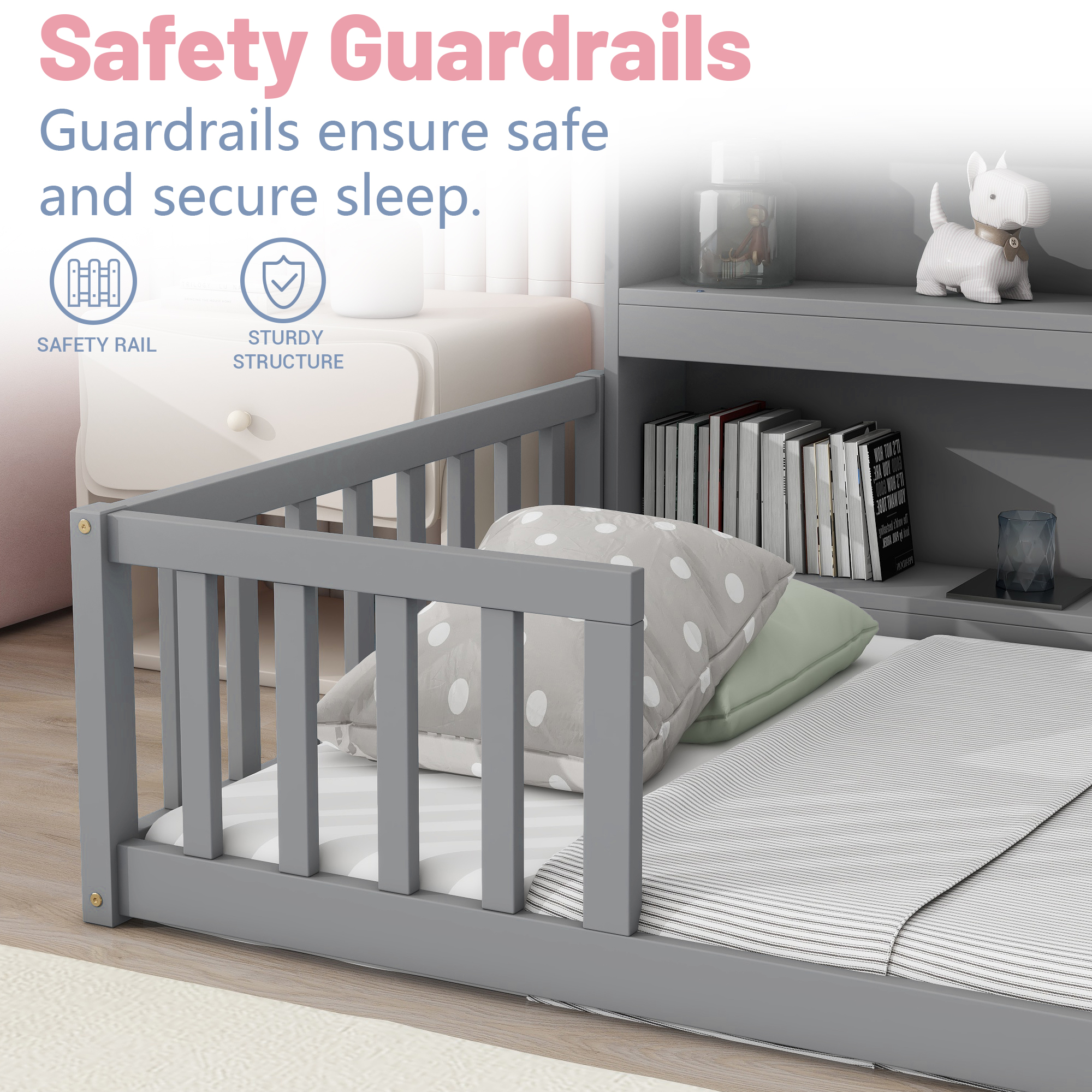 Full Floor Bed with Bookcase and Shelves, Wood Montessori Floor Bed Frame with Guardrails for Boys, Girls, Grey