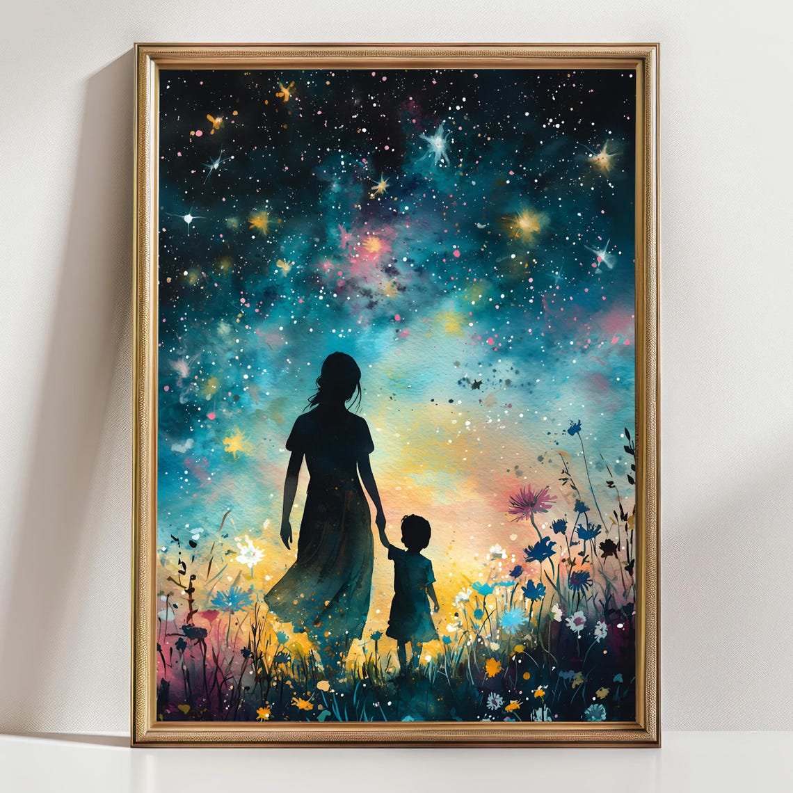 Mother and Child Starry Sky Whimsical Silhouette Wall Art Colorful Night Landscape