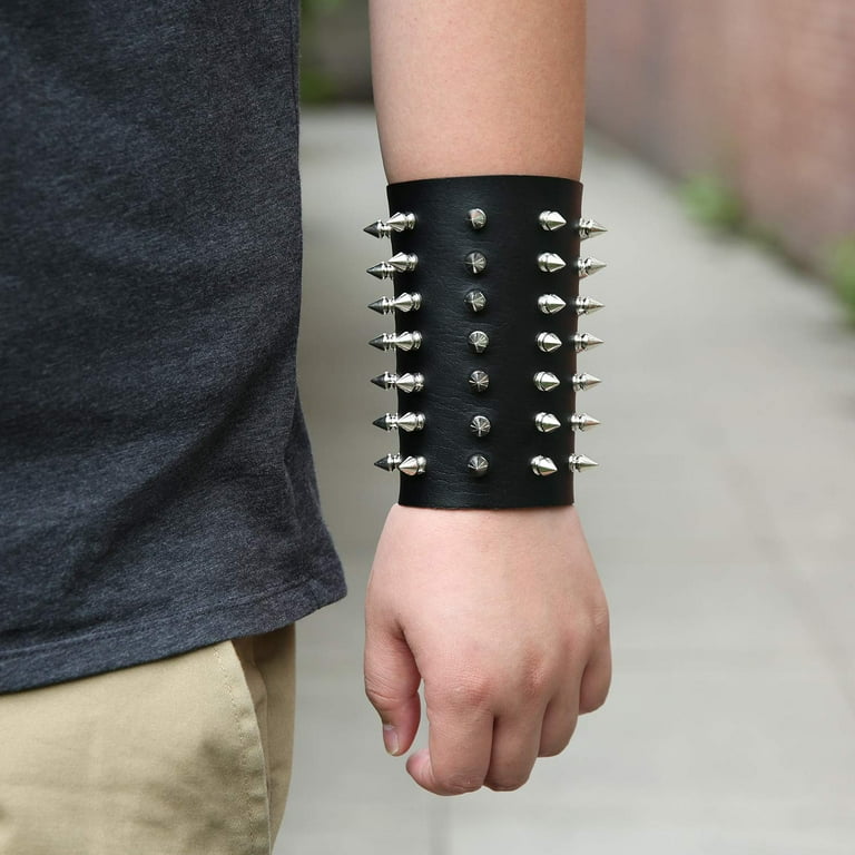 HZMAN Unisex Black Metal Spike Studded Punk Rock Biker Wide Strap Leather Bracelet Spike
