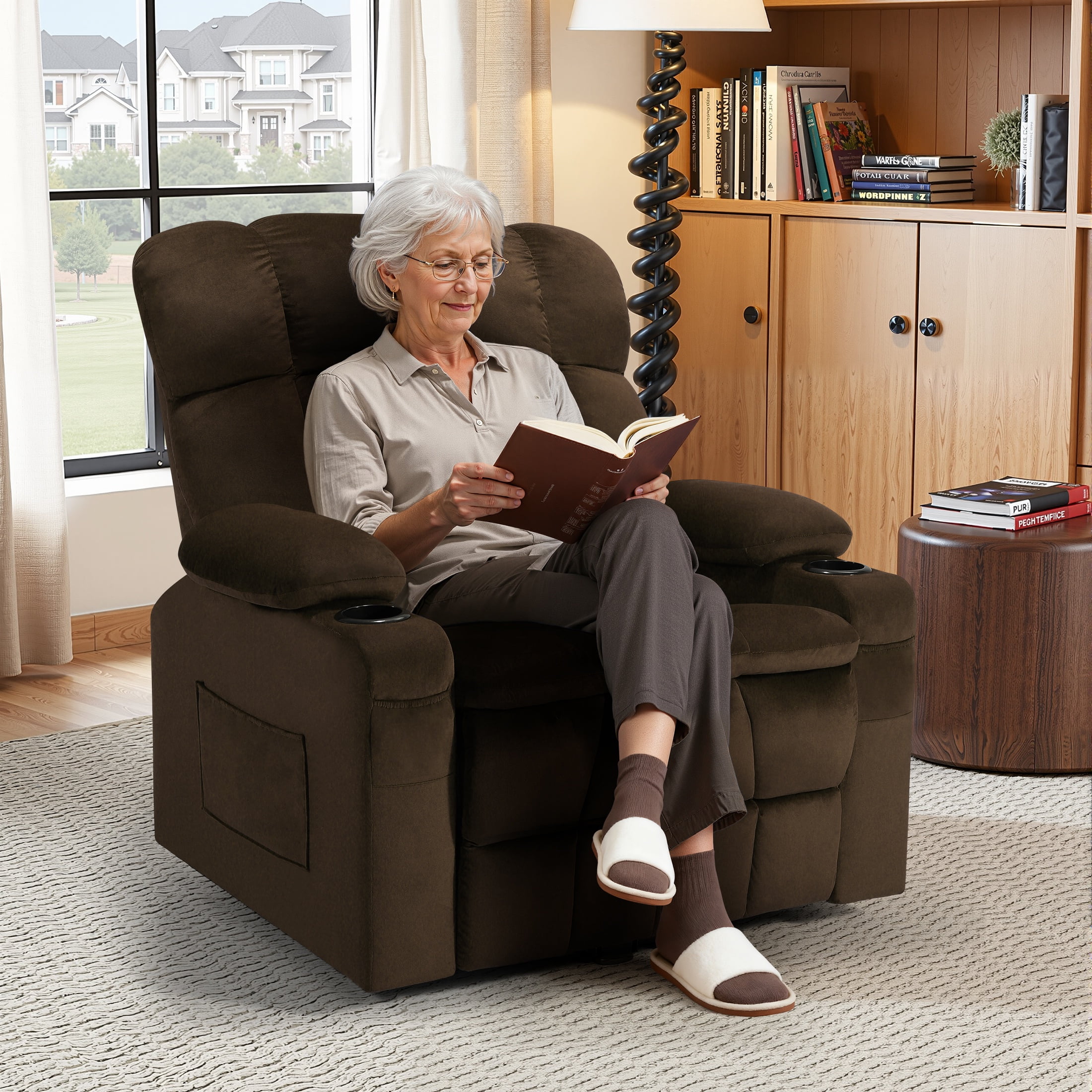HSUNNS Large Power Lift Recliner Chair with Massage and Heat for Elderly Big and Tall People, Overstuffed Wide Recliners with 2 Cup Holders, Side Pocket for Living Room, Single Sofa, Brown