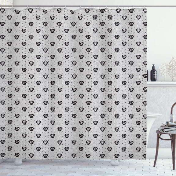 Floral Shower Curtain, Rhythmic Grid Motifs Style Background with Symmetrical Dots Roses, Fabric Bathroom Set with Hooks, 69W X 75L Inches Long, Grey Charcoal Grey and White, by Ambesonne