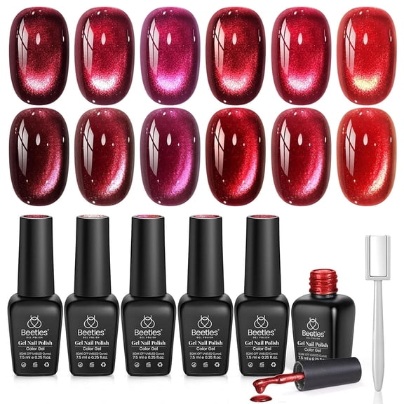 Beetles Sultry Burgundy Cat Eye Gel Polish Set, 6 Colors, Glitter Magnetic Finish