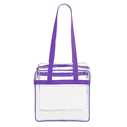 Clear 12 x 12 x 6 Stadium Tote Bag with Side Pocket and 35" Shoulder Straps (Purple)