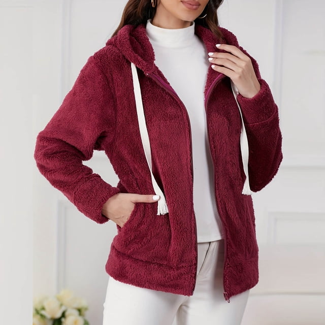 Ailaofu Warm Fleece Jackets for Women, Fuzzy Hooded Casual Coats Cardigan Sweaters Outerwear with Pockets
