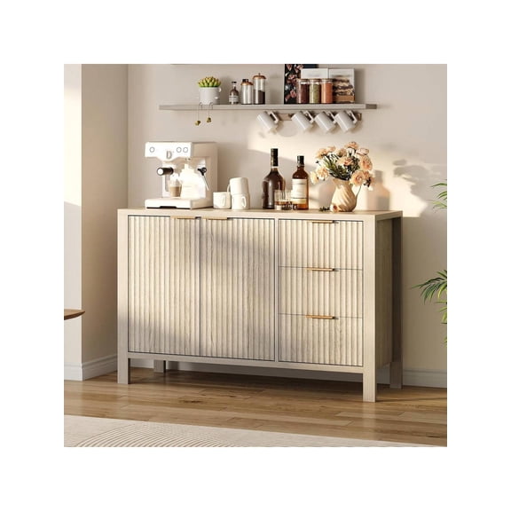 EastVita 46.5 inch Fluted Sideboard Buffet Cabinet Modern Storage Cabinet With 2 Doors 3 Drawers And Adjustable Shelf Sideboard Console Table Accent Credenza For Entryway Living Room Dinning Room
