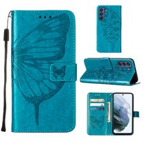 Butterfly Pattern Wallet Case for Samsung Galaxy S21 FE 6.4 Inch, Flower Pattern Design Luxury PU Leather Anti-Drop Magnetic Clasp Flip Folio Case with Card Slots Stand Wrist Strap Phone Cover,Blue