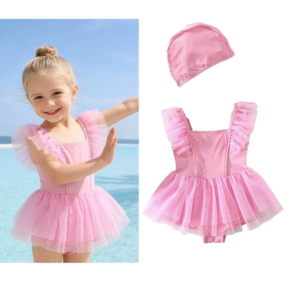 Girl Swimsuits Quick Dry Skirted 1 Piece Swimsuits with Hat Girls Swimwear 3-4 Years