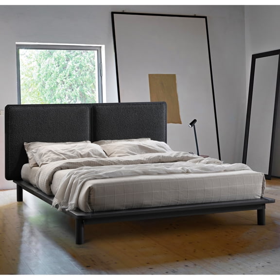 Omax Decor Nord Queen Size Wood Platform Bed in Black Frame and Black Boucle