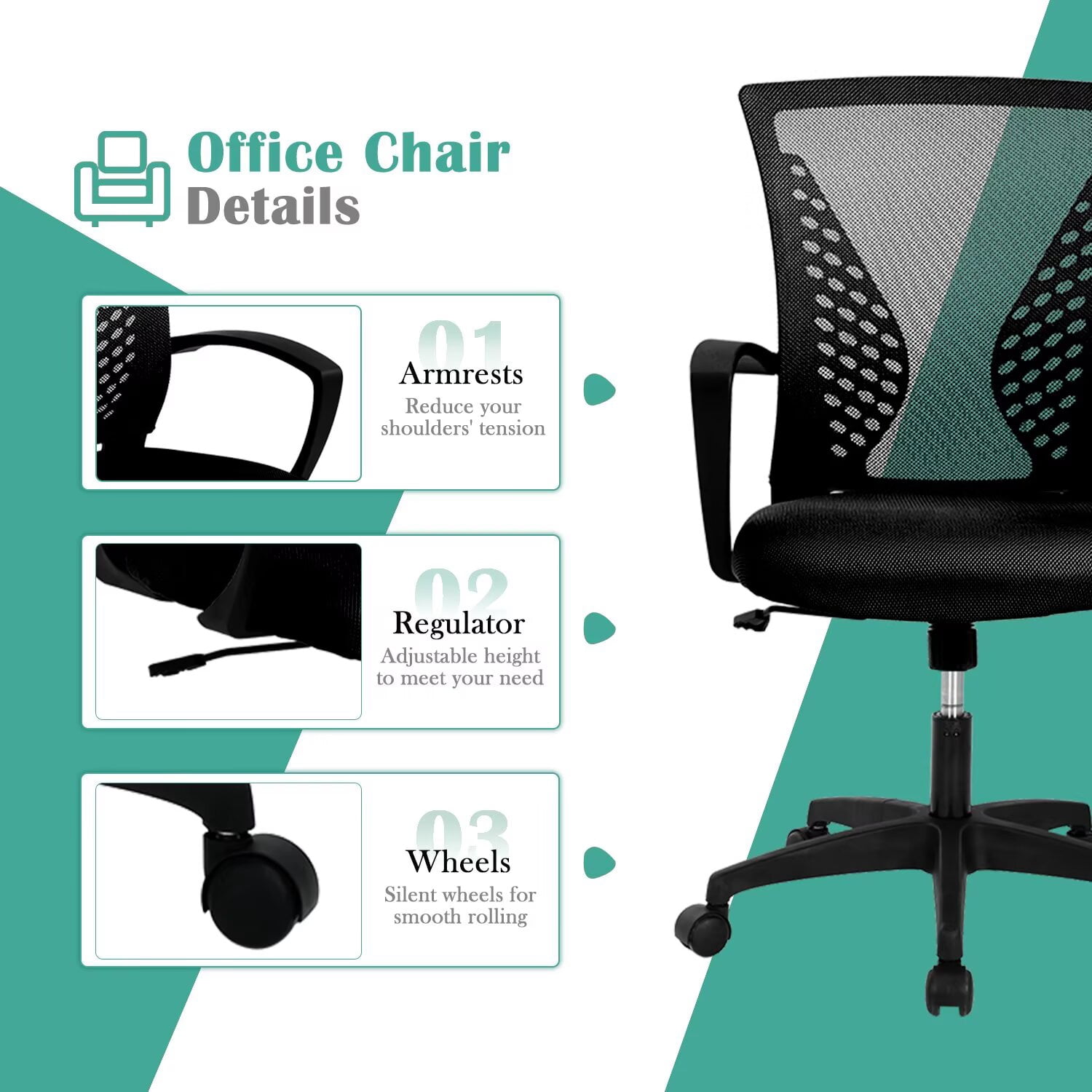 YRLLENSDAN Mesh Executive Office Chair with Armrest, Ergonomic Desk Chairs with Wheels, Adjustable Comfy Lumbar Support Swivel Chair, Black