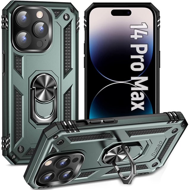 Funda Sumao para iPhone 14 Pro Max con aro, fina, de silicona líquida, de grado militar, a prueba de golpes, color verde y gris