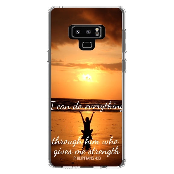 DistinctInk Clear Shockproof Hybrid Case for Samsung Galaxy Note 9 - TPU Bumper, Acrylic Back, Tempered Glass Screen Protector - Philippians 4:13 - everything through Him who gives strength