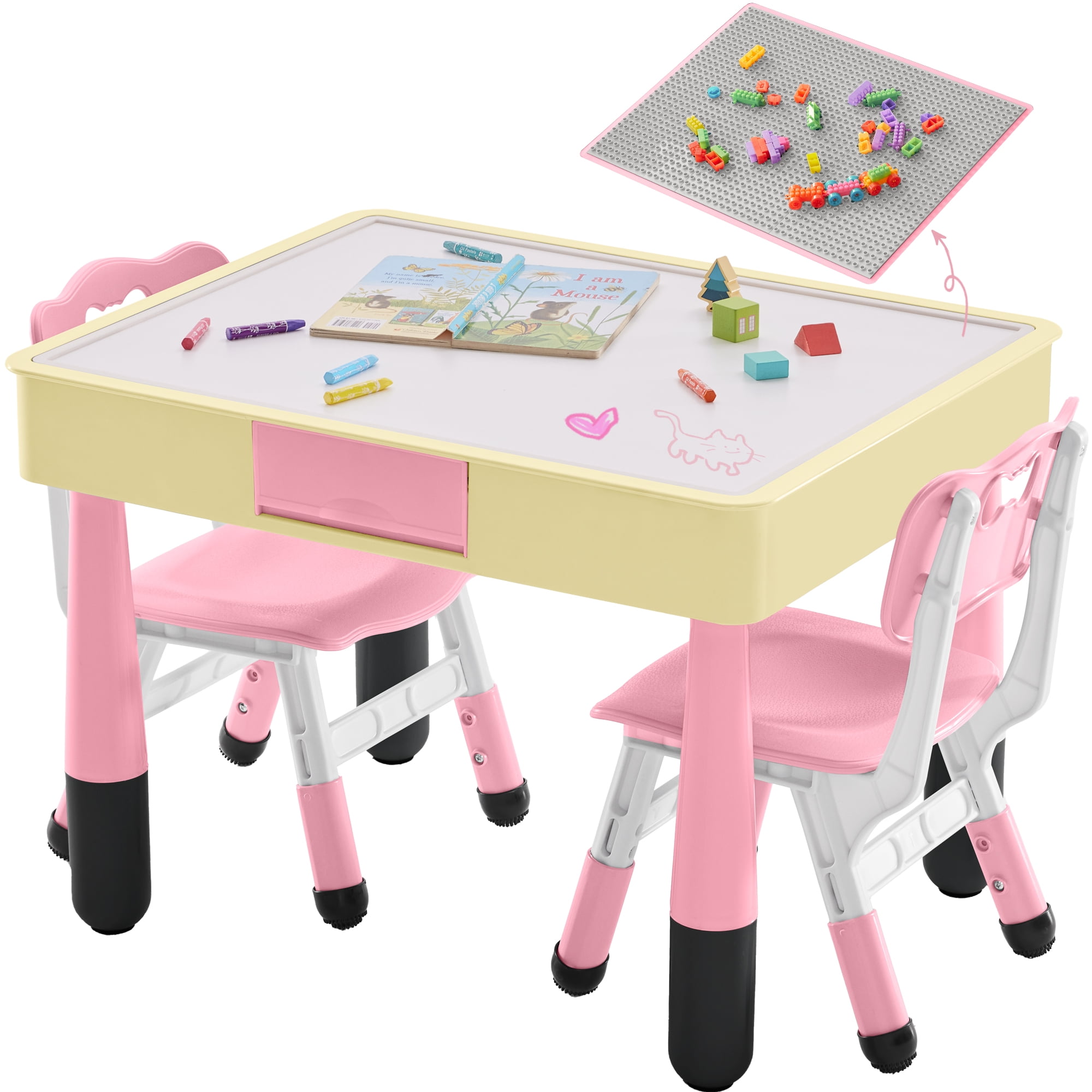 DOREROOM Kids 3-Piece Storage Activity Table and Chair Set, Pink