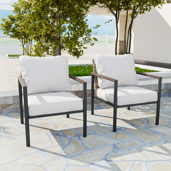 INTER HUT Set of 2 Outdoor Wicker Patio Club Chairs, Steel Framed Wicker Chair, Rattan Sofa with Cushions for Balcony, Garden, Yard, Beige