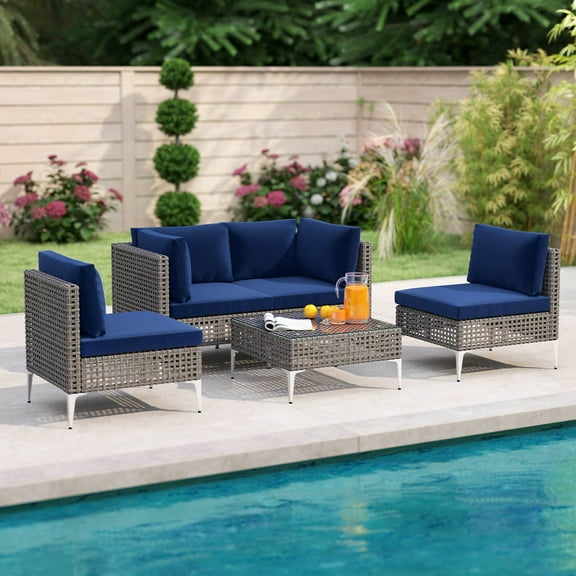Costway 5 PCS Outdoor Furniture Set with Seat & Back Cushions Tempered Glass Coffee Table Navy