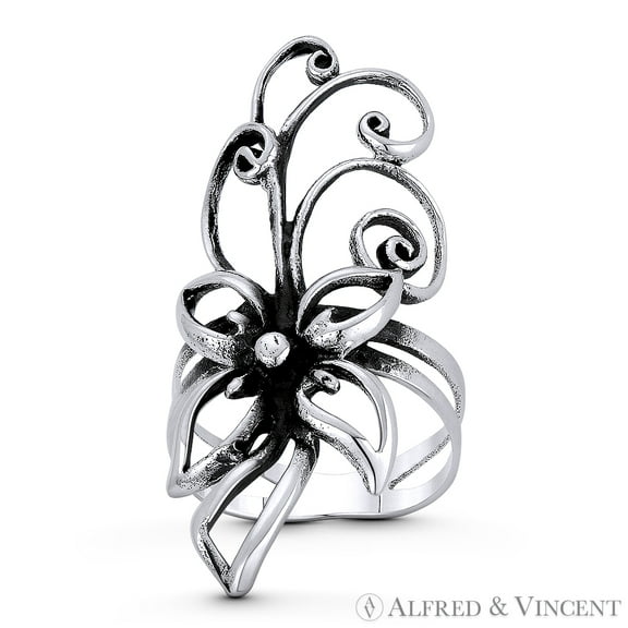 Lily Flower & Swirling Vine Large Floral Charm Right-Hand Boho Statement Ring in Oxidized .925 Sterling Silver